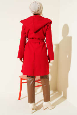 Kuşaklı Kapüşonlu Kaşe Kaban Kırmızı - Thumbnail