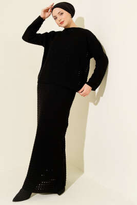 Pazarium - Ajurlu Etekli Triko İkili Takım Siyah