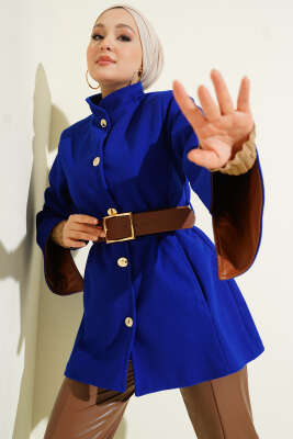 Pazarium - Gold Düğmeli Kaşe Panço Saks