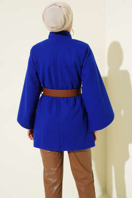 Gold Düğmeli Kaşe Panço Saks - Thumbnail