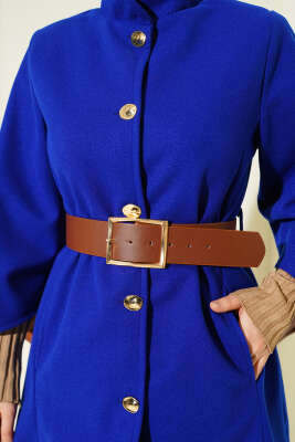 Gold Düğmeli Kaşe Panço Saks - Thumbnail