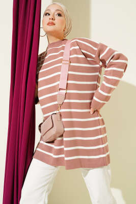 Pazarium - Yatay Çizgi Detaylı Basic Triko Tunik Pudra