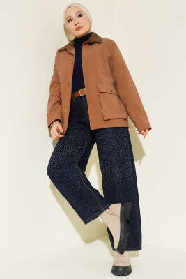 Kadife Gömlek Yaka Cepli Ceket Taba - Thumbnail