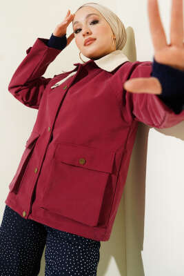 Kadife Gömlek Yaka Cepli Ceket Burgonya - Thumbnail