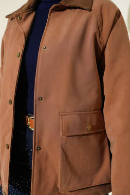 Kadife Gömlek Yaka Cepli Ceket Taba - Thumbnail