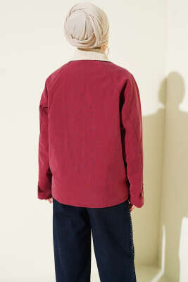 Kadife Gömlek Yaka Cepli Ceket Burgonya - Thumbnail