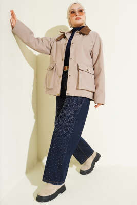 Kadife Gömlek Yaka Cepli Ceket Bej - Thumbnail