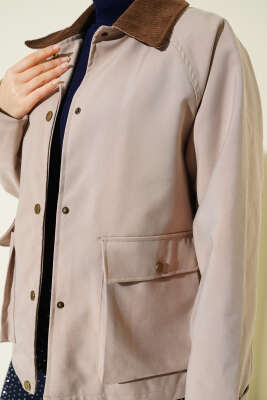 Kadife Gömlek Yaka Cepli Ceket Bej - Thumbnail