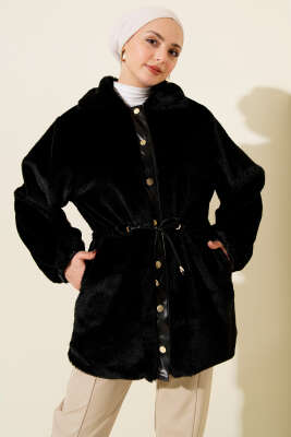 Pazarium - Bel Tünelli Çıtçıtlı Peluş Ceket Siyah