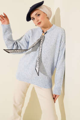 Pazarium - Yaka Fularlı Triko Kazak Bebe Mavi