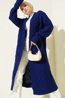 Pazarium - Cepli Örgü Desenli Uzun Hırka Parlement