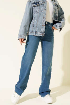 Pazarium - Palazzo Kesik Paça Detaylı Kot Pantolon Açık Mavi