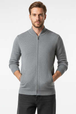 Pazarium - V Yaka Fermuarlı Erkek Triko Hırka Gri