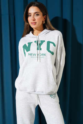 NYC Baskılı Üç İplik Sweat İkili Takım Melanj Gri - Thumbnail