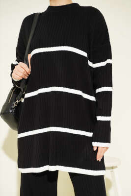 Fitilli Yatay Çizgili Triko İkili Takım Siyah - Thumbnail