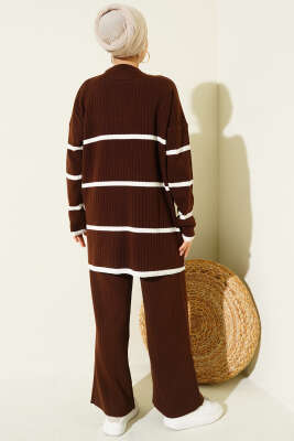 Fitilli Yatay Çizgili Triko İkili Takım Kahve - Thumbnail