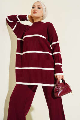Fitilli Yatay Çizgili Triko İkili Takım Bordo - Thumbnail