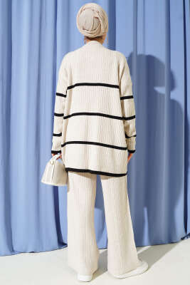 Fitilli Yatay Çizgili Triko İkili Takım Bej - Thumbnail