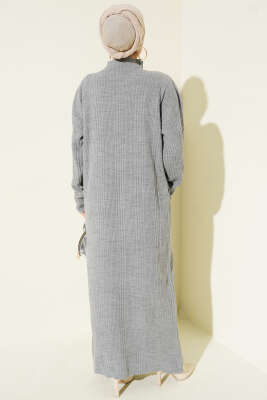 Dik Yaka Fitilli Triko Elbise Gri - Thumbnail