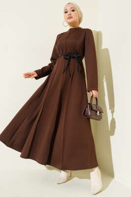 Pazarium - Scuba Deri Kemerli Elbise Acı Kahve