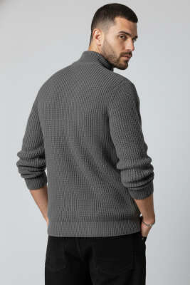 Yarım Fermuar Pirinç Örgü Erkek Kazak Füme - Thumbnail