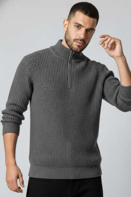 Yarım Fermuar Pirinç Örgü Erkek Kazak Füme - Thumbnail