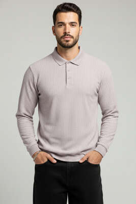 Pazarium - Polo Yaka Düğmeli Çizgili Sweatshirt Taş