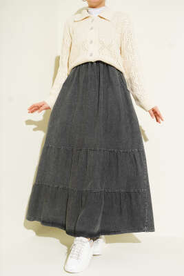 Pazarium - Bel Lastikli Katlı Kot Etek Füme