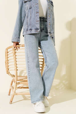 Pazarium - Bel Lastikli Çift Düğmeli Kot Pantolon Mavi