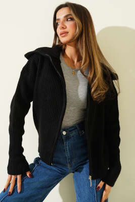 Pazarium - Fermuarlı Geniş Örgülü Hırka Siyah