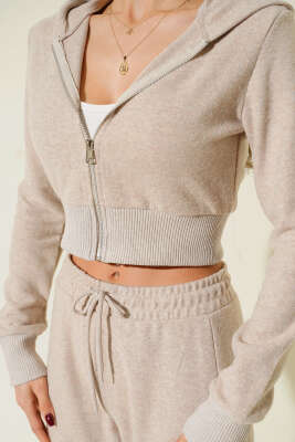 Fermuarlı Crop Hırka İkili Takım Bej - Thumbnail