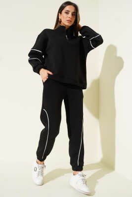 Pazarium - Yarım Fermuarlı Biyeli Üç İplik İkili Takım Siyah