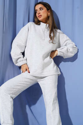 Yarım Fermuarlı Biyeli Üç İplik İkili Takım Melanj Gri - Thumbnail