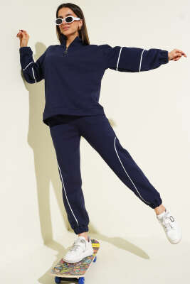 Pazarium - Yarım Fermuarlı Biyeli Üç İplik İkili Takım Lacivert