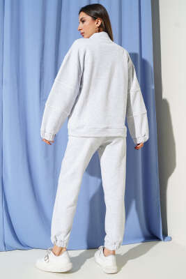 Yarım Fermuarlı Biyeli Üç İplik İkili Takım Melanj Gri - Thumbnail