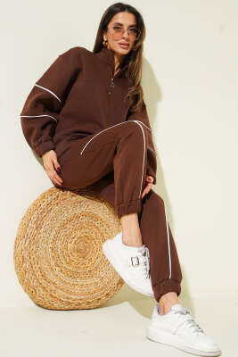 Yarım Fermuarlı Biyeli Üç İplik İkili Takım Kahve - Thumbnail