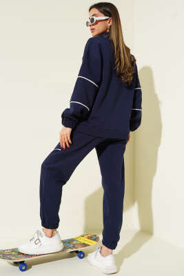 Yarım Fermuarlı Biyeli Üç İplik İkili Takım Lacivert - Thumbnail