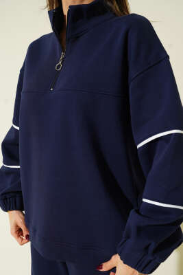 Yarım Fermuarlı Biyeli Üç İplik İkili Takım Lacivert - Thumbnail