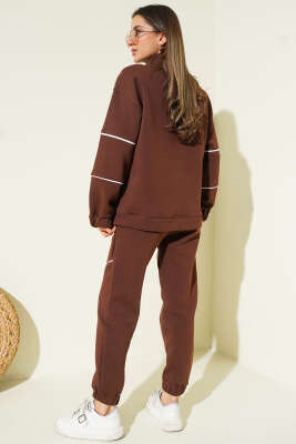 Yarım Fermuarlı Biyeli Üç İplik İkili Takım Kahve - Thumbnail