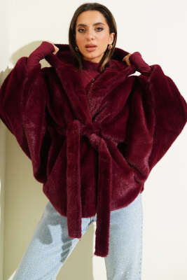 Pazarium - Kapüşonlu Yarasa Kol Kürk Mürdüm