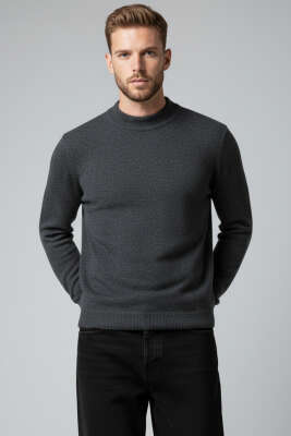 Pazarium - Dik Yaka Basic Erkek Yün Kazak Antrasit