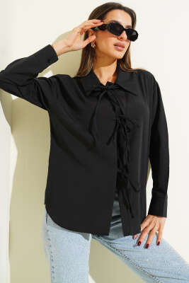 Pazarium - Önü İp Bağlamalı Gömlek Siyah