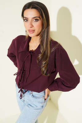 Önü İp Bağlamalı Gömlek Mürdüm - Thumbnail