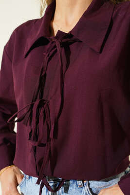 Önü İp Bağlamalı Gömlek Mürdüm - Thumbnail