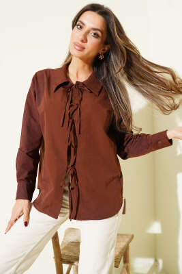 Pazarium - Önü İp Bağlamalı Gömlek Kahve