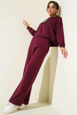 Pazarium - Yaka Bağcıklı Loyşa Sweatshirt İkili Takım Mürdüm