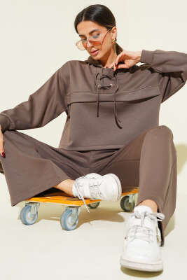 Yaka Bağcıklı Loyşa Sweatshirt İkili Takım Vizon - Thumbnail