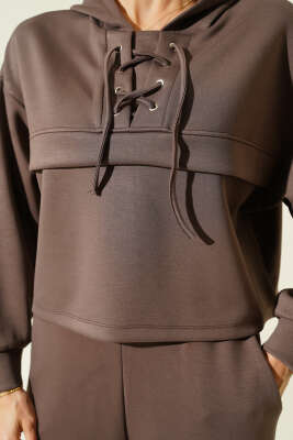 Yaka Bağcıklı Loyşa Sweatshirt İkili Takım Vizon - Thumbnail