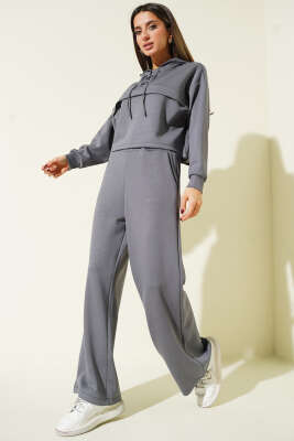 Pazarium - Yaka Bağcıklı Loyşa Sweatshirt İkili Takım Kayrak Grisi