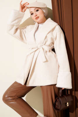 Pazarium - Şal Yaka Bilek Kürklü Goldfox Kaban Ekru